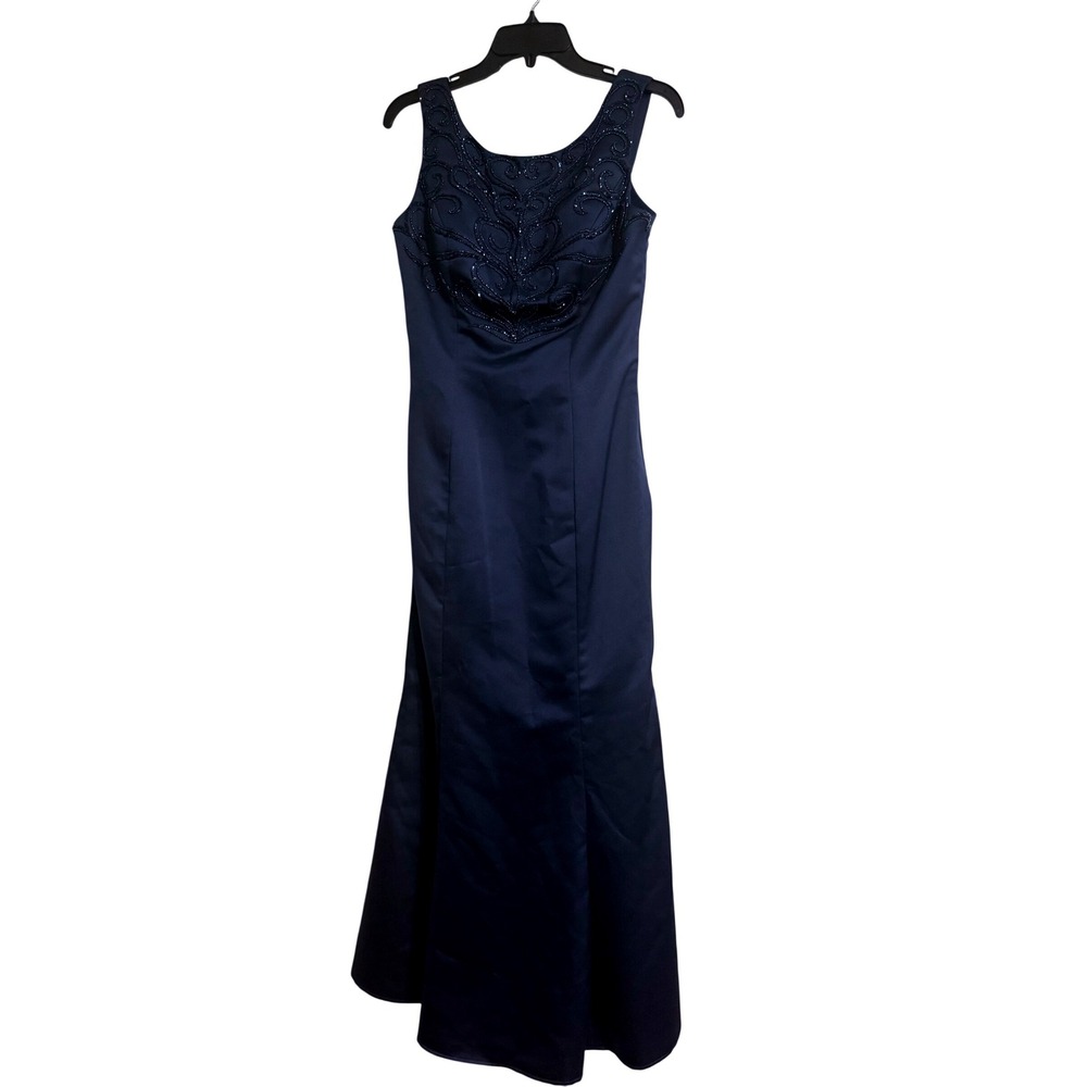 Precious Formals Navy Blue Beaded Bodice Satin Mermaid Gown Dress Womensโ 10
